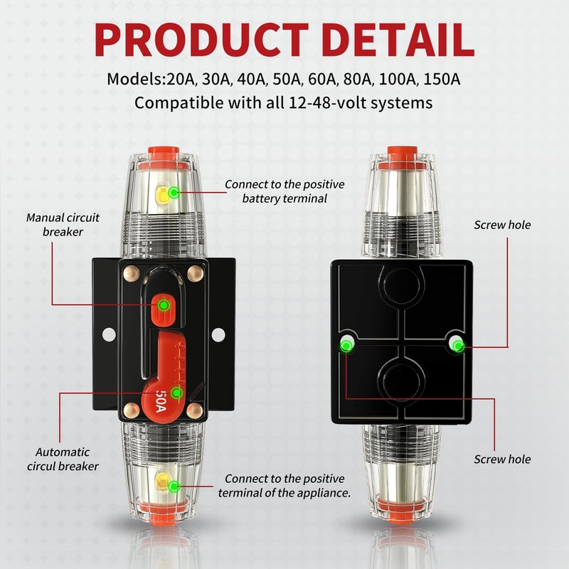 TEMCHY 50Amp Car Audio Circuit Breaker Waterproof Fuse Inline Holder Manual Reset 12V-48V DC for Automotive Marine Boat Trunk Audio Sound Amplifier System 12V-48V - Image 4